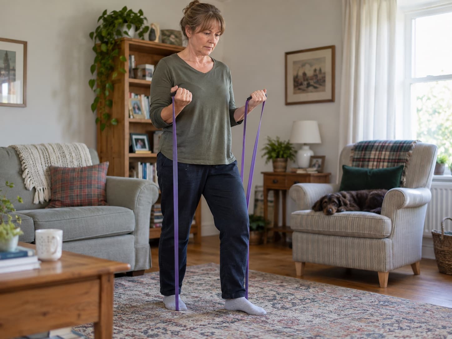 A person doing resistance band training at home to preserve muscle during weight loss treatment