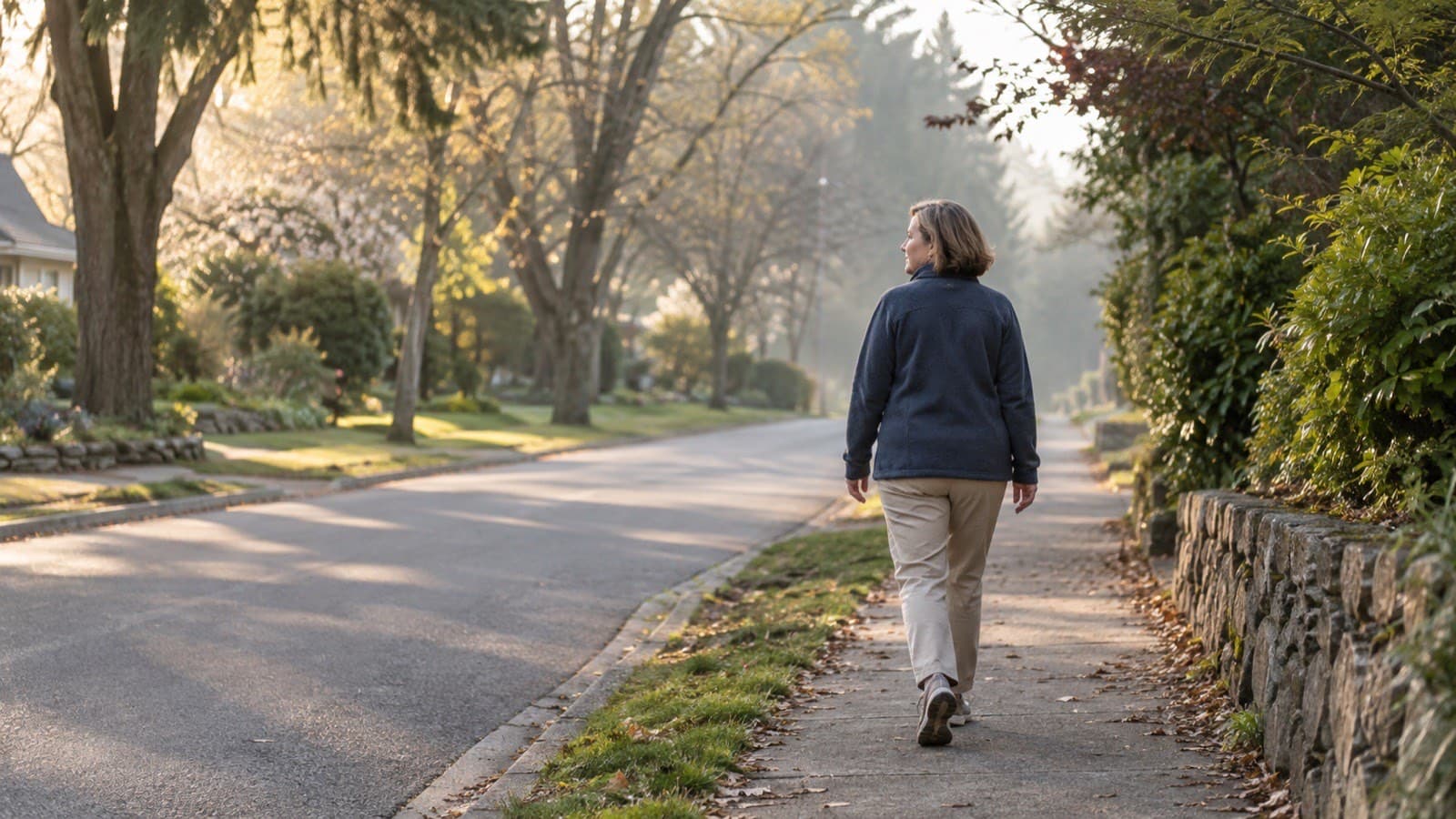 A person walking on a suburban street in morning light, during the weight maintenance phase after treatment