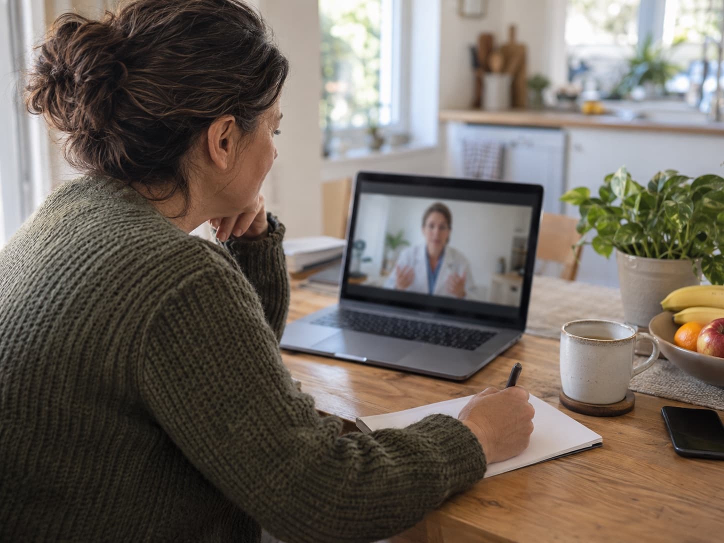 A patient on a scheduled follow-up video call with a prescriber, taking notes at a kitchen table