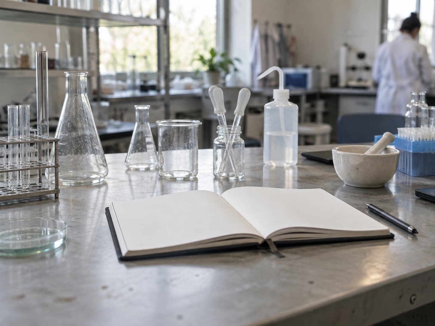 A research laboratory bench with glassware and an open notebook, where weight loss drugs in development are studied